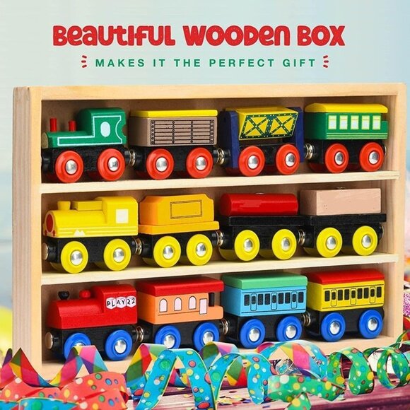 NEW Set 12 PCS Wooden Train - Train Toys Magnetic Set Includes 3 Engines - Picture 7 of 7